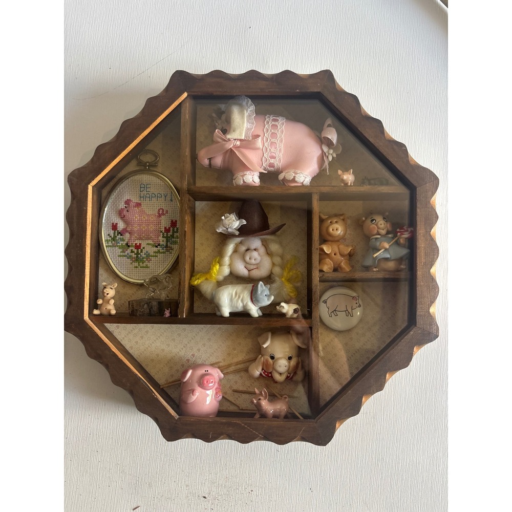 Vintage Wooden Octagonal Shadow Box Pig Figurine Collection Curio Display Case